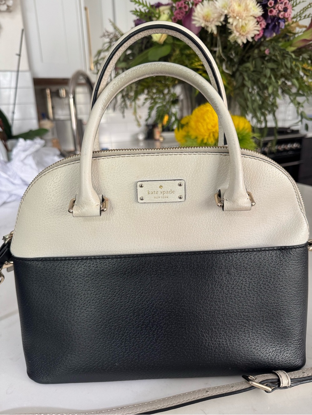 kate spade Black and Cream Dome Satchel with Convertible Strap - Picture 2 of 7